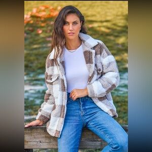 Brown & White Checkered Sherpa Buttoned Jacket